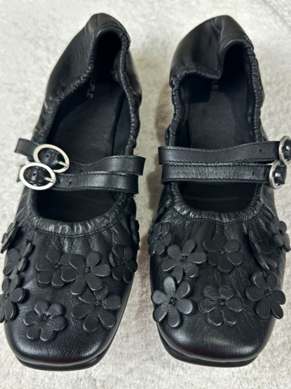 Free People Black Leather Floral Mary Jane Ballet Flats Size 9